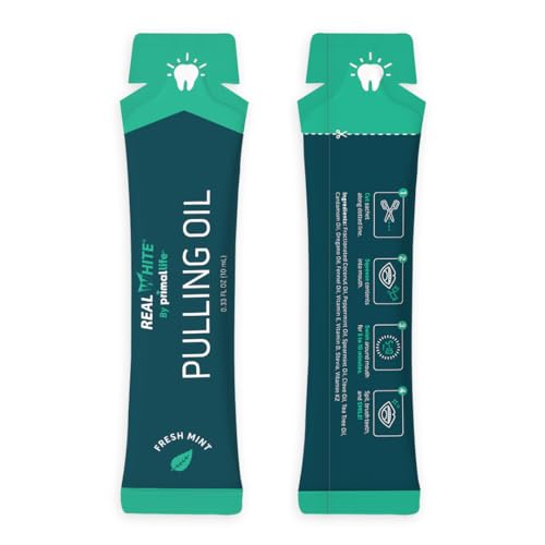 Primal Life Organics – Real White Pulling Oil, Teeth Whitening Mouthwash with Essential Oils, Coconut, Tea Tree, Key Vitamins, Chemical Free, Fluoride Free, 14 Sachets (Fresh Mint, 0.33 oz.)