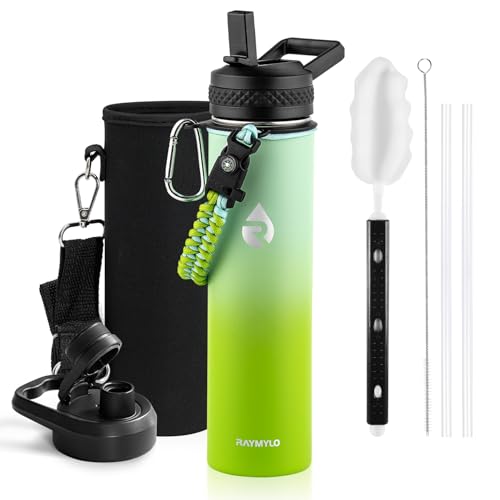 Image of RAYMYLO Insulated Water Bottle 24 oz, Triple Wall Vacuum Stainless Steel (Cold for 24Hrs, Hot for 12Hrs), Leak Proof & Non-BPA, Modern Water Flask Jug with Paracord Handle & Straw Spout Lids
