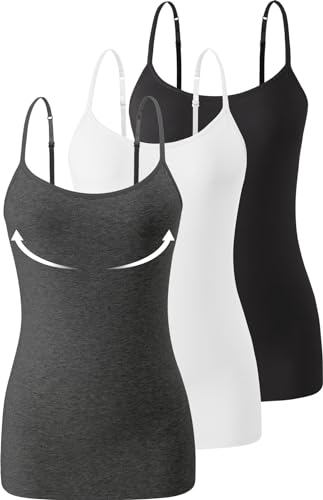 Image of Accbiety 3 Pack Womens Camisole with Built in Bra Adjustable Strap Tank Tops Basic Cotton Undershirt Cami