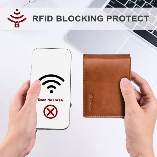 Image of Chelmon Slim Wallet for Men ID Window with RFID Blocking Minimalist Front Pocket Bifold Bussiness Card Holder Gift for Men, Alaska Brown