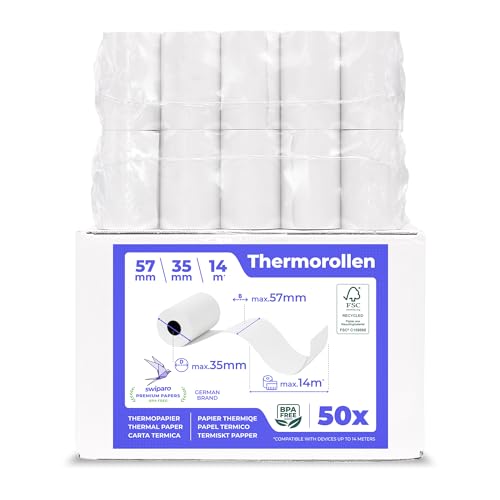 SWIPARO® - Rouleau TPE Carte Bancaire 57x35x12 - Rouleau CB thermique 57mm - Bobine CB papier thermique 57mm x 14m x 12mm - Papier Rouleaux TPE - sans BPA -...