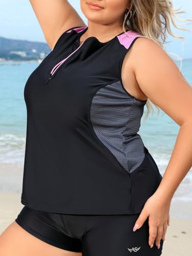 Angel season Plus Size Tankini Swimsuits for Women Zippered Two Piece with Shorts-Recommend Smaller One3
