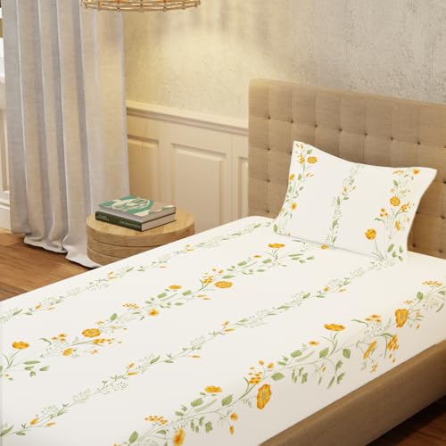 Image of Urban Space Serene 100% Cotton 200 TC Printed Bedsheet for Single Bed with 1 Pillow Cover (Size 58 x 90 inches, Veil Bloom - Yellow)