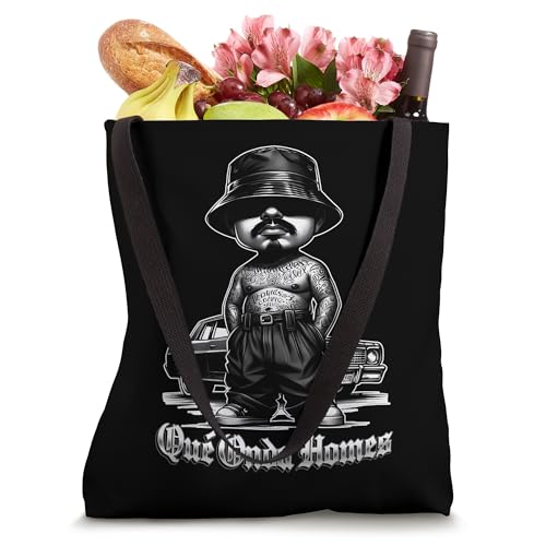 Bolsa tote divertida con diseño old school chicano 'Que Onda Homie', slang mexicano y arte de low rider miniatura 4
