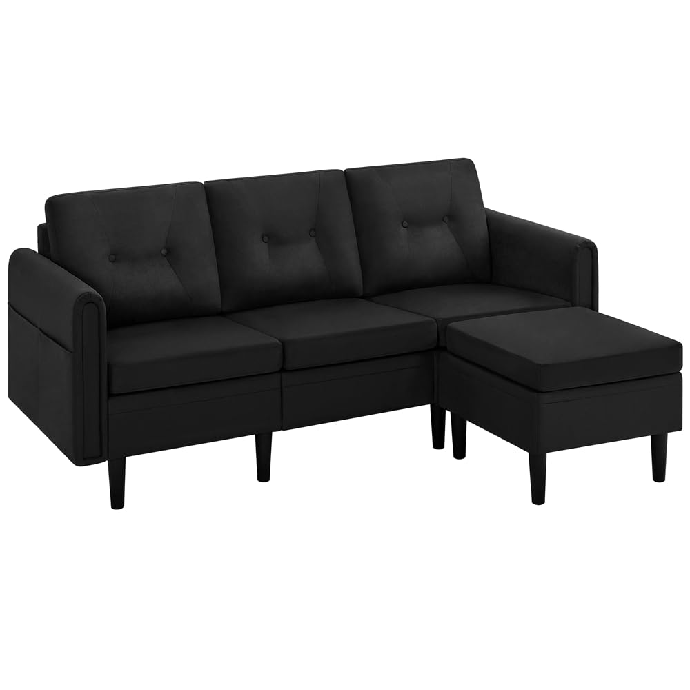 Yaheetech Sofá de 3 Plazas Tapizada Sofá de 189 cm Sofa Cama con Otomana Sofá de 3 Personas Capacidad de 350 KG Sofá Tapizada de Poliéster Negro