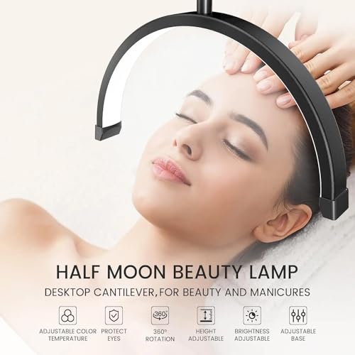 Image of BROLAVIYA 16in Half Moon Tabletop Lamp Light with 3 Axis Swing Metal Arm Stand, 3 Lighting Modes, 360 Degree Spin for Detailed Work, Home Office, Desktop, Make up, Reading, Black