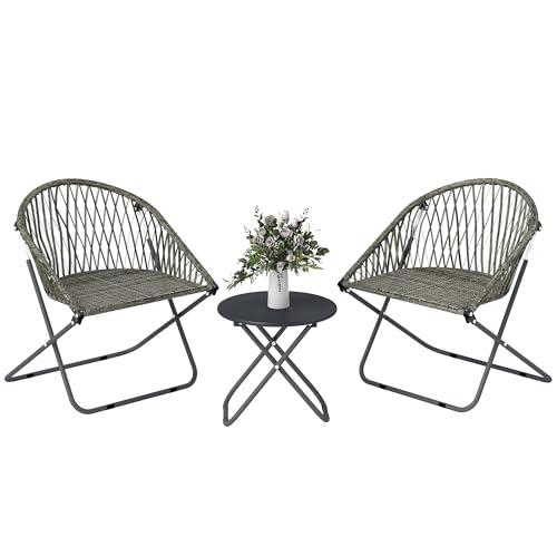 Outsunny 3 Pieces Patio Bistro Set, Folding Garden Furniture Set for 2 with Metal Top Coffee Table and Rattan Chairs for Outdoor, Balcony, Grey