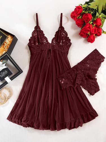Image of Foxiny Sexy Ruffle Sheer Mesh Lace Wireless Babydoll Lingerie Dress with Thong 2 Piece