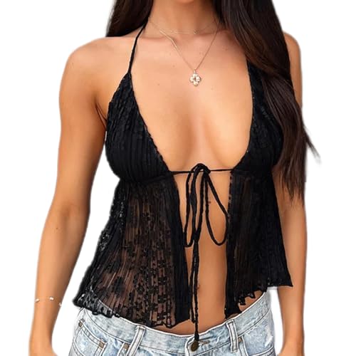 Image of Women's Sexy Halterneck Tie-Up Front Crop Top Sleeveless Backless Lace Cardigan Tops Streetwear