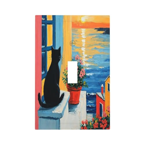 Decorative Switch Covers Plate Vintage Oil Painting Style Black Cat Sea Flowers 1 Gang Wall Plate Oversized Single Toggle Wall Cover Plate Jumbo Electrical Light Switch Plate Faceplate