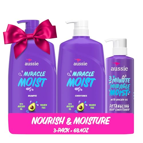 Aussie Miracle Moist Shampoo and Conditioner with 3 Minute Miracle Deep Conditioner, Avocado & Jojoba Oil, Paraben-Free, Moisturizes & Detangles, All Hair Types, Citrus Floral Scent, 3 Pack 68.4 Fl Oz