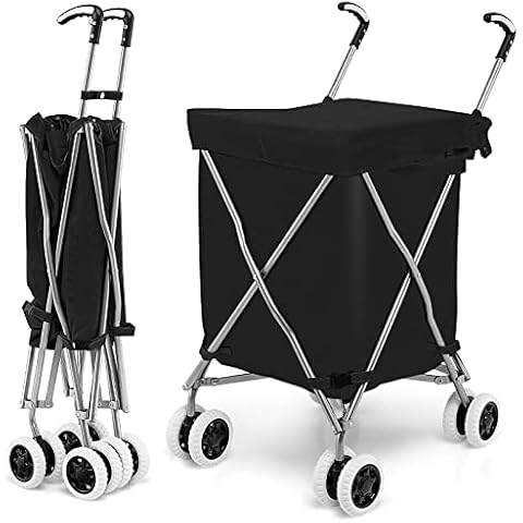 COSTWAY 90L Folding Shopping Trolley with Waterproof Bag Cover