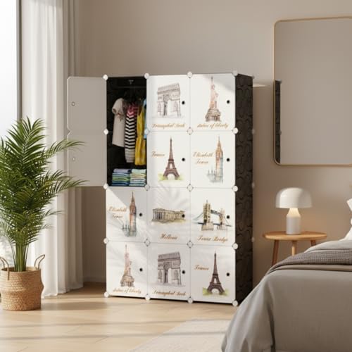 Image of KRISHYAM 12 Box Collapsible Plastic Cupboard for Storage, Plastic Soft Sheet Wardrobe Cabinet for Storage, Almirah for Clothes Storage Cabinet Storage Rack (Tower Print)