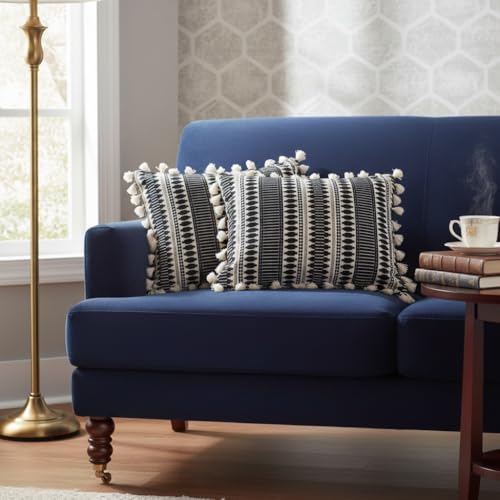 Image of STITCHNEST Geometric Woven Cushion Covers with Tassels | Set of 2 | Black | 12 x 18 Inches | Decorative Sofa & Living Room Cushion Covers