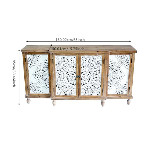 Image of Solid Wood Frame Farmhouse Buffet Cabinet, Antique White Carved 4-Door Shabby Chic Sideboard with Storage for Dining Room, Vintage Decorative Storage Console