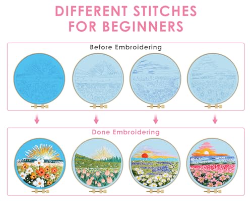 Image of TINDTOP Embroidery Kit for Adult, 4 Pack Cross Stitch Practice Kits for Beginners Include Embroidery Cloth Hoops Threads for Craft Lover Hand Stitch with Embroidery Skill Techniques | for Beginners Include Embroidery Cloth Hoops Threads for Craft Lover Hand Stitch with Embroidery Skill Techniques