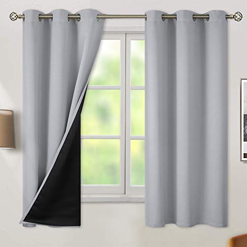 BGment Thermal Insulated 100% Blackout Curtains for Bedroom with Black Liner, Double Layer Full Room Lightening Noise Reducing Grommet Curtain ( 42 x 63 Inch, Light Grey, 2 Panels )