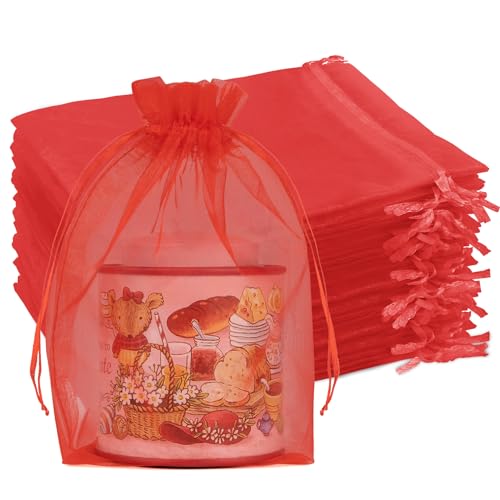 Image of Crweety 50 Pcs Red Organza Bags 5x7 In, Small Mesh Gift Bags with Drawstring for Candy Treat Snacks, Sheer Gift Pouch for Jewelry Sachet Wedding Party Favor, Bridal Shower, Birthday & Graduation