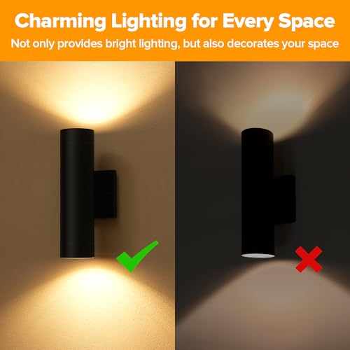 Image of LUTEC Outdoor Wall Light Fixtures, Integrated LED Cylinder Up-Down Sconce, 16W 3000K Waterproof Aluminum Exterior Lighting, Modern Matte Black Wall Sconce Outdoor Lighting for Porch, Entryway, 2 Pack