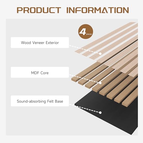 POHARE Stylish Decorative Wall Panels, 4 Pack 8 x 1 ft, Modern Acoustic Wood Panels with Felt Backing, Natural