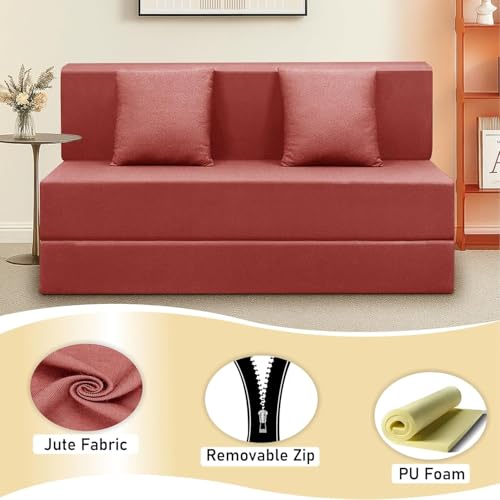 Image of Foldable Sofa Bed Red Jute Fabric Sofa Cum Bed | 2-Seater 4x6 Convertible Sofa with Cushion | Ideal for Home & Office, Guest Room