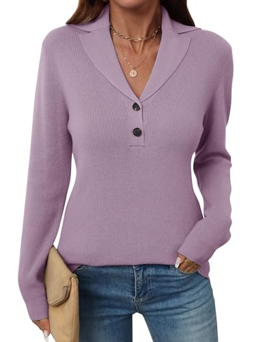 Image of LOMON Sweaters for Women 2025 Fall Knitted V-Neck Collared Button Pullover Dressy Casual Long Sleeve Polo Shirts Business