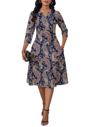 Image of PinkPatty Women's Casual 3 /4 Sleeve Midi Dresses Fit and Flare Church Work Dress with Pockets