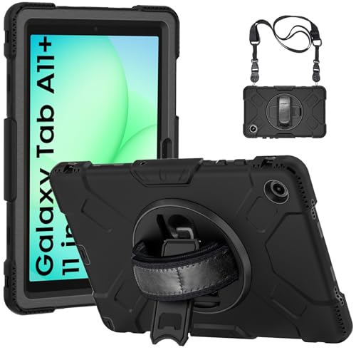 Image of Robustrion Cover for Samsung Tab A11 Plus 11 inch, Armor Shockproof Cover with [Shoulder Strap] and [360 Degree Rotating Hand Strap and Stand] for Galaxy Tab A11+ 11 inch - Black