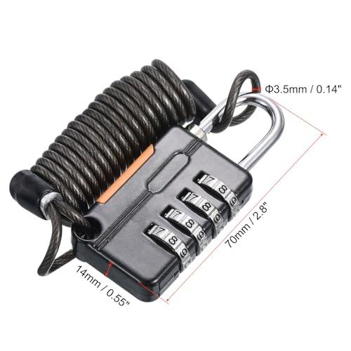 Image of PATIKIL 1 Pack 4 Digit Combination Lock, Helmet Padlock Cable Lock Gym Locker Lock with 3.28Ft Flexible Security Steel Lock Wire for Bike Locker Travel Luggage, Black