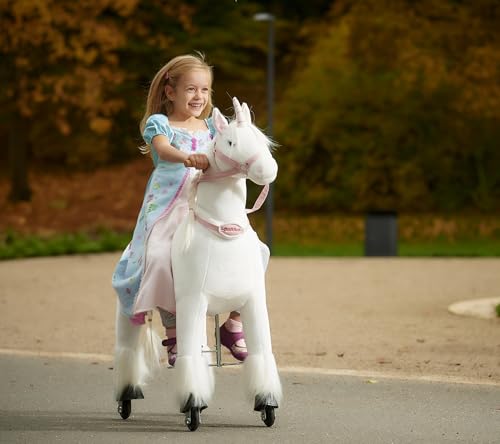 Ponnie Reitpferd mit Rollen Unicorn M (5-12 Jahre), Spielpferd zum Reiten mit Abnehmbarer Rosa Sattel und Halfter mit Zaumzeug, Kämmbare Mähne und Schwanz, Plüschpferd zum Reiten für Kinder