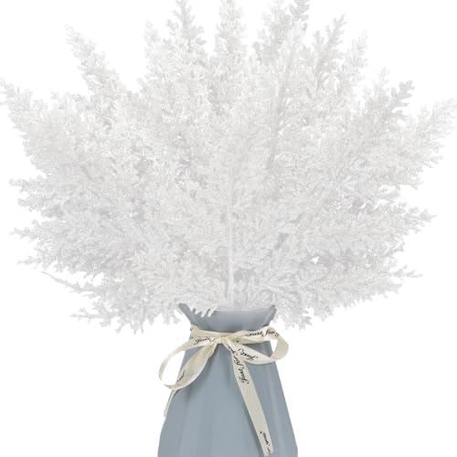 Image of 12 Pcs Christmas Glitter Leaves, 31cm Artificial Leaf Stem Branches Christmas Tree Picks Sprays Shiny Christmas Tree Decorations for Xmas Tree Decor DIY Vase Fillers Flower Arrangement (White)