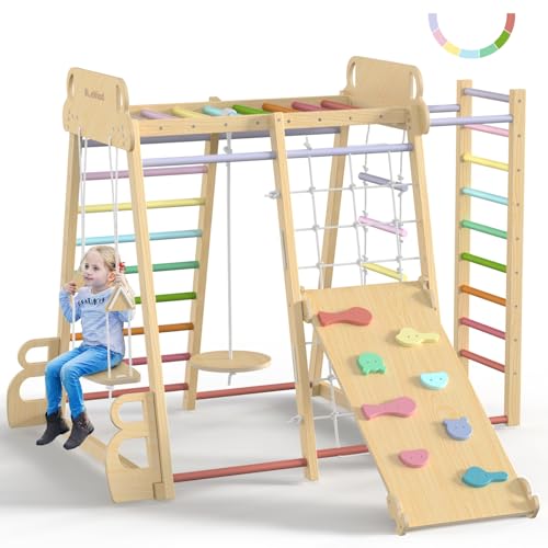 Upgraded Indoor Playground 9-in-1 Jungle Gym Kids Climbing Toys, Montessori Philosophy Waldorf Style Wooden Climber Playset with Slide, Swing, Monkey...