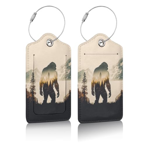 2 Pack Bigfoot Luggage Tag for Suitcases, Mountains Forest Leather Luggage Tag Privacy Cover ID Label for Women Men Travel