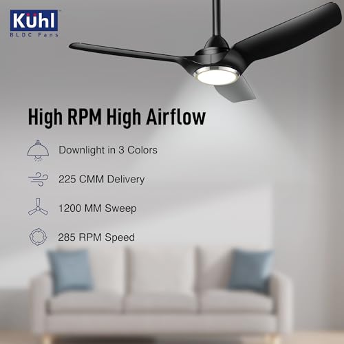 Image of KUHL Meridian M1 1200MM 65% Power Saving BLDC Ceiling Fan With Remote | BEE 5 Star Rated & ISI Marked | High Air Flow | Down Light & Reverse Mode | 5 Year Warranty on Motor | Free Installation |Black