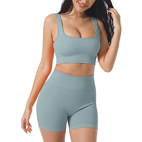 Women's Workout Outfits Yoga Set 2 Piece Seamless Ribbed Sports Bra Tight Shorts Gym Suit Women's Workout Outfits Yoga Set 2 Piece Seamless Ribbed Sports Bra Tight Shorts Gym Suit
