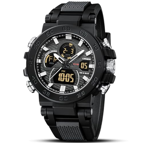 LN LENQIN Mens Watches Digital Military Watch for Men Stopwatch Army Survival Tactical Sports Outdoor Big Face Waterproof Men's Wrist Watches with LED Backlight/Timer/Alarm/Date (R036-Black)