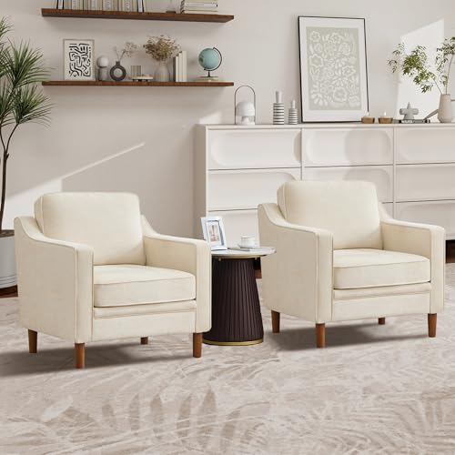 Image of Kingfun Accent Chair Set of 2, Living Room Chairs, Mid Century Reading Armchair, Chenille with Solid Wood Foot, Upholstered Modern Decor for Bedroom, Apartment