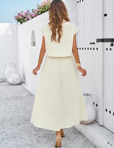 Image of HangNiFang Summer Skirt Sets Women 2 Piece Outfits Cap Sleeve Top Elastic Waist Maxi Dress Sets with Pockets