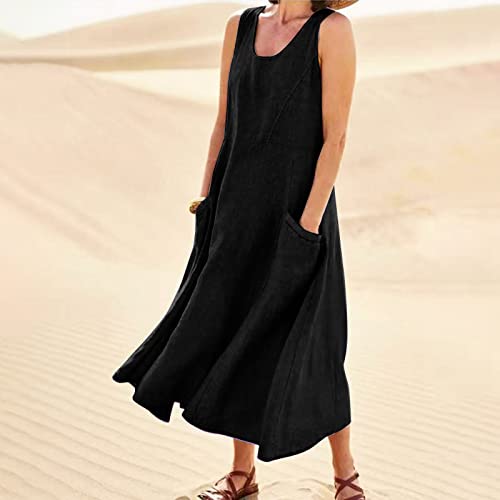 Plus Size Cotton Linen Summer Dresses for Curvy Women 2025 Sleeveless Maxi Vacation Beach Sundresses with Pockets