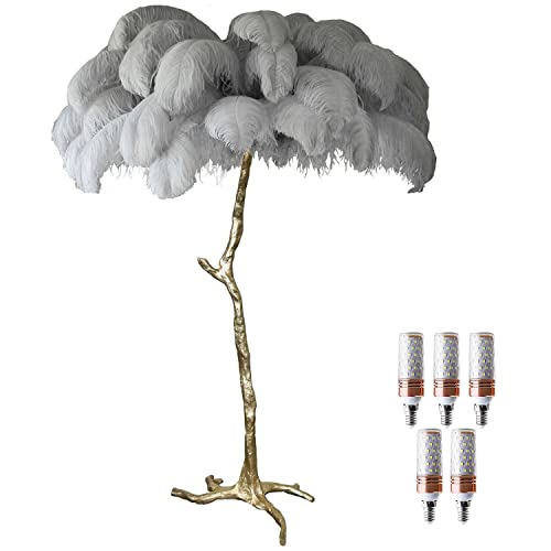 Lampadaire LED avec variateur et plumes naturelles pour un éclairage de sol au design unique