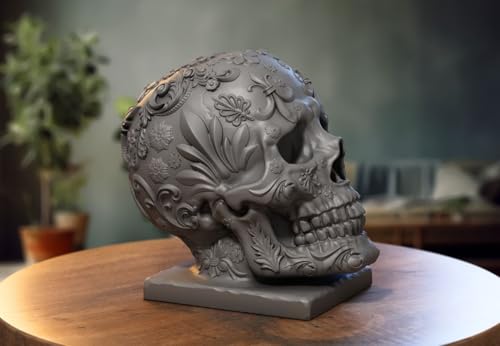 Image of Skull Headphone Stand Collection - 3D Printed Dragon, Cyborg & Scream Skull Headset Holders, Gothic & Fantasy Desk Accessories for Gaming and Office Setups, Durable PLA Display Stands (Grey, Cyborg Skull Headphone Stand)
