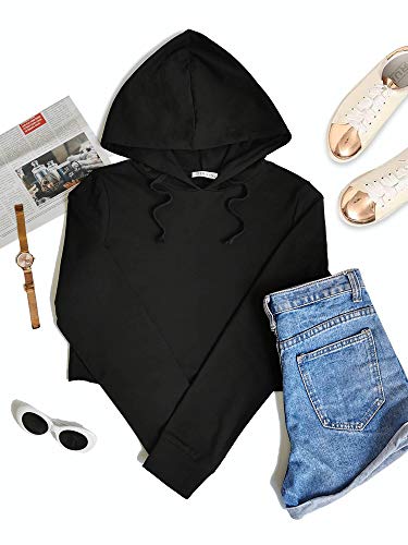 DIRASS Women's Black Hoodie Crop Top,Long Sleeve Sweatshirt with Hoodies Pullover (Black,S)