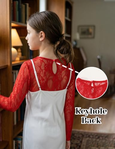 Image of Noomelfish Girls Lace Layering Tops Sheer Mesh Tee Shirts Blouse (5-12 Years)