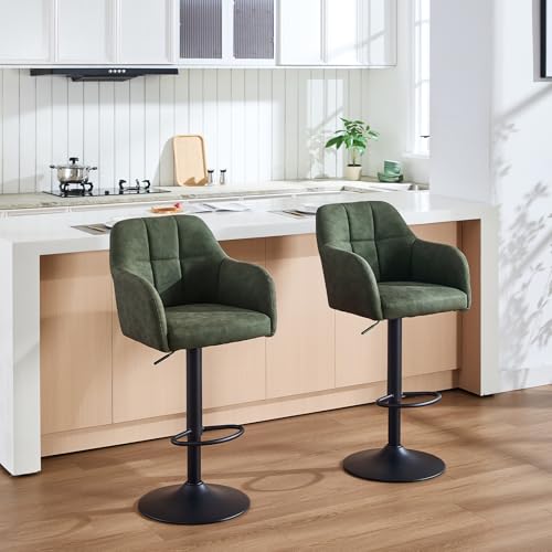 Butacos ajustables de barra, juego de 4 unidades, taburetes giratorios con respaldo y brazos, altura regulable de 24'' a 33'', tapizados en cuero sintético, estilo moderno para cocina, bar o comedor, color verde miniatura 7