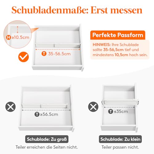 Lifewit 4 Stück Schubladentrenner, Verstellbar Schubladen Trenner für Innenlänge 35-55cm & Höhe>10,5cm, Schubladen Organizer Schubladenteiler für Kleiderschrank Wickelkommode Büro Küche, Weiß