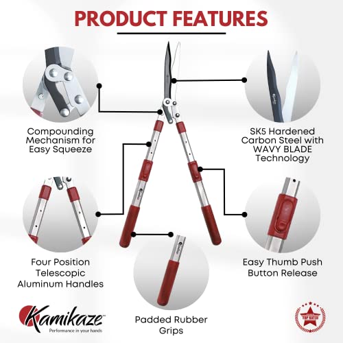Kamikaze Telescopic Hedge Shears Km-40. Aluminum And Rubber Handles. Bypass Cutting Bush Trimmer 9.8 Inch. All Leaf Types. Lever System Garden Shears Manufactured And Designed In Spain #TOP1