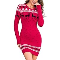 Namatime Gebreide jurk, voor dames, kerstjurk, kerstpullover, rendierjurk, gebreide trui-jurk met sneeuwvlokken motief, voor winter, vrije tijd, feest, rood, XL