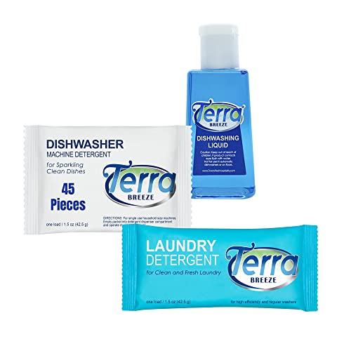 Travel Detergent Packets & Dish Soap | Terra Breeze 1-Shoppe All-In-Kit Bulk Hotel Size Amenities for AirBnB & Rentals | Travel Dish Soap, Dishwasher Detergent & Scent Free Laundry Detergent | 45 Pcs