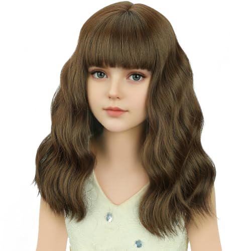 Image of Brown Wig Short Brown Wavy Curly Wigs Wig with Air Bangs Synthetic Cosplay Hair Wigs