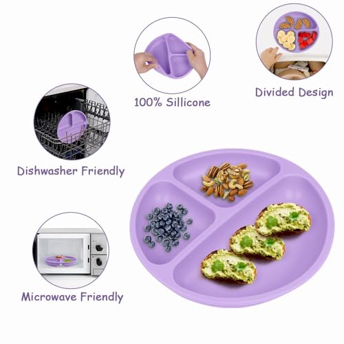 Image of Xacton Silicone Suction Plates I Baby Feeding with 3 Strong Suction Cups I BPA Free, Dishwasher, Freezer & Microwave Safe I Unbreakable I Silicon Grip I Deep Divided for Baby & Toddlers (Purple)